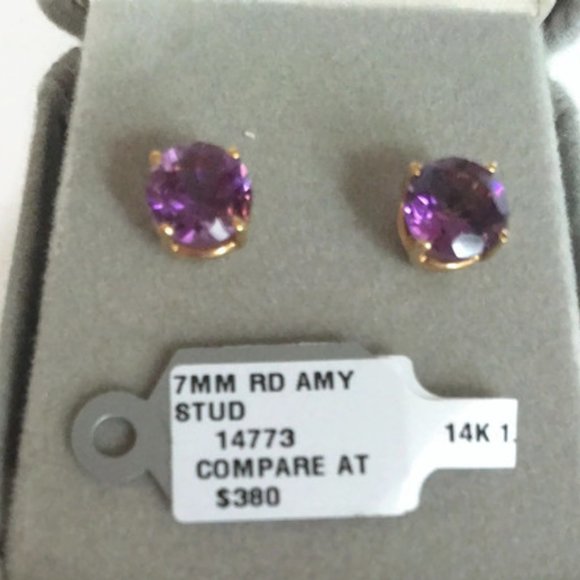 7mm Round Stud Amethyst Earrings 14K Prong Set NEW - Picture 4 of 10